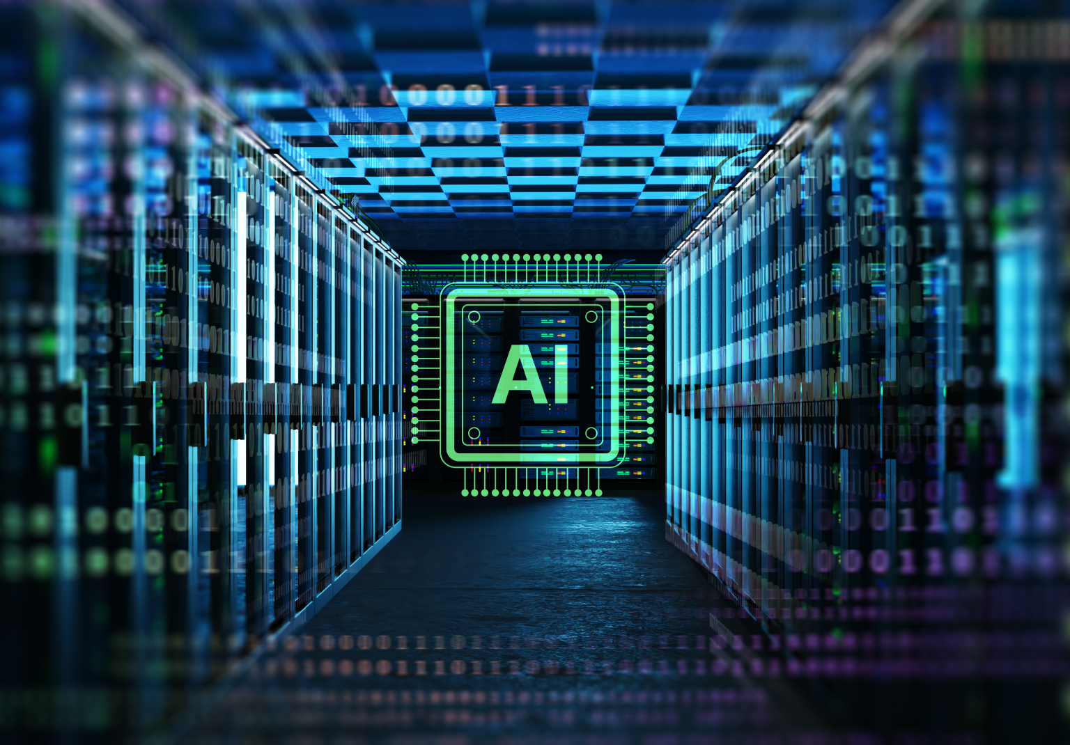 Server racks and an AI processor graphic, representing data readiness for AI