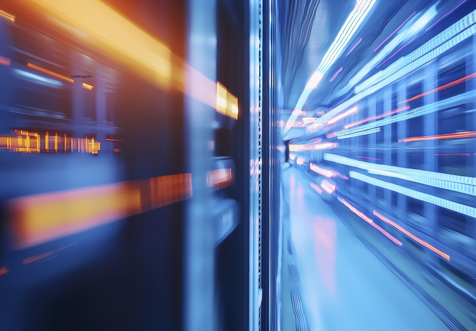 Blurred light trails through a data centre aisle during an ERP data migration