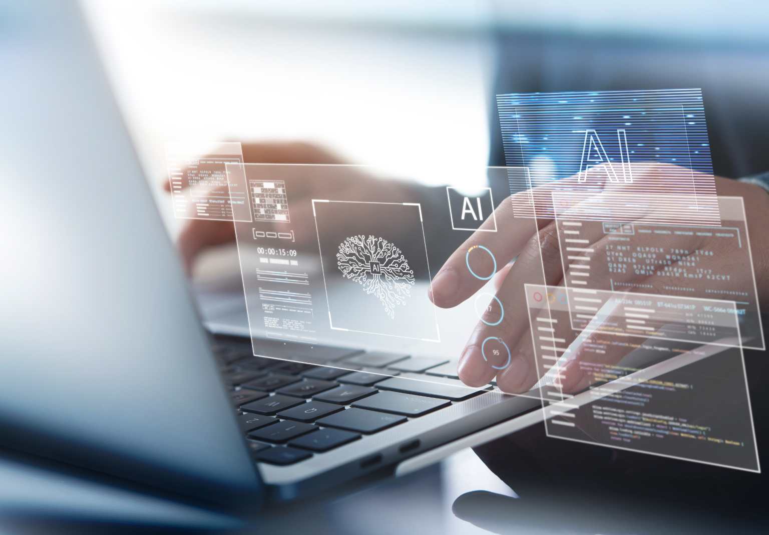 Laptop with floating data and AI interface panels, representing SAP data archiving and decommissioning